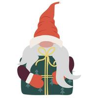 Cute gnome with long beard and red hat isolated on white. Fairy tale dwarf. Scandinavian cartoon character with gift for Christmas decoration. vector
