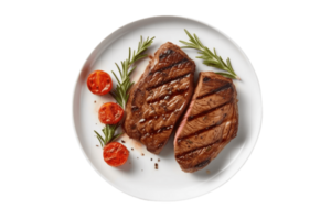 grilled steak with tomatoes and rosemary on a plate,AI Generative png