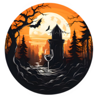 halloween night with wine glass and castle in the forest, AI Generative png