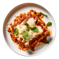 lasagna with cheese and basil on white plate,AI Generative png