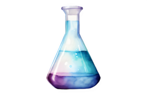 un aquarelle bleu et violet liquide dans une verre flacon, ai génératif png