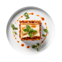 a plate with lasagna on it and sauce,AI Generative png