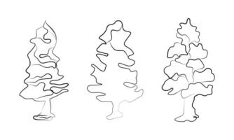 Line art various trunks and foliage of plants, forest trees. Sketch style, line hand drawing. tree Illustration. Line and silhouette of trees isolated vector