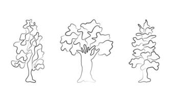 Line art various trunks and foliage of plants, forest trees. Sketch style, line hand drawing. tree Illustration. Line and silhouette of trees isolated vector