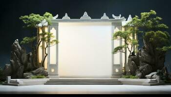 Small Minimalist Stage with White and Green Chinese City Gate AI generated photo