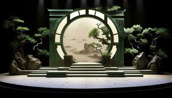 Small Minimalist Stage with White and Green Chinese City Gate AI generated photo