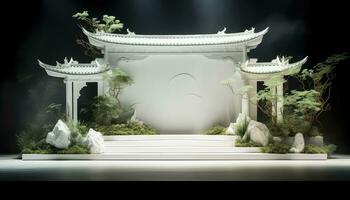 Small Minimalist Stage with White and Green Chinese City Gate AI generated photo