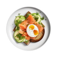 a plate with an egg, avocado and salmon on it,AI Generative png