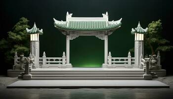 Small Minimalist Stage with White and Green Chinese City Gate AI generated photo