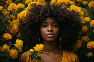 afro mujer con Rizado pelo con amarillo flores en su cabeza, calentar y vibrante estado animico - ai generativo foto