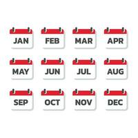 Calendar with months colorful vector icon set. Red and whine calendar with month January, February icons.