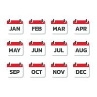 Calendar with months colorful vector icon set. Red and whine calendar with month January, February icons.