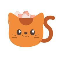 A cocoa and marshmallow mug in the shape of a cat. Cosy drink. vector