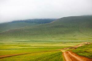 Multi-lane dirt road in the Orkhon valley in Mongolia photo