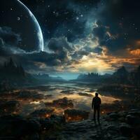 A person looking at the planet photo