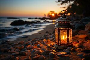 The glowing lantern illuminates beach at dusk photo