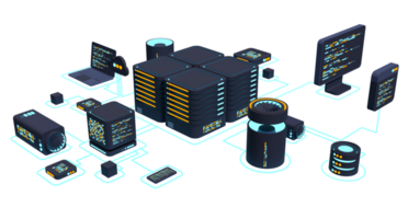 Computer technology 3D illustration. Computation of big data center. Cloud computing. Online devices upload and download information. Modern 3D illustration. 3D rendering png