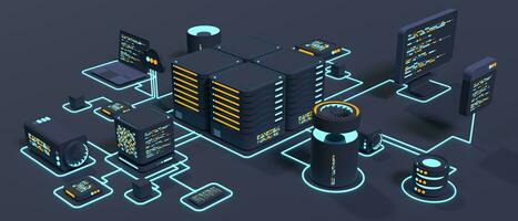 Computer technology 3D illustration. Computation of big data center. Cloud computing. Online devices upload and download information. Modern 3D illustration. 3D rendering photo