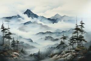Aerial shot of mountains in fog photo