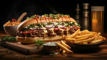 Hot dog with meat and fries photo