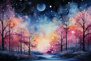 Landscape watercolor painting with trees and moon photo