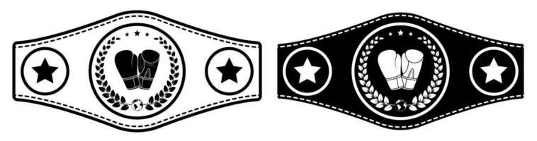 icono, deporte cinturón de boxeo campeón, kickboxing torneo ganador con guantes y laurel guirnalda emblema en centro. vector