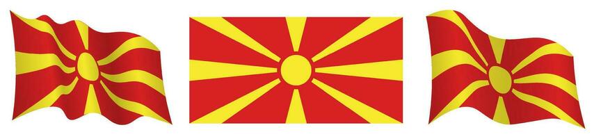 bandera de norte macedonia en estático posición y en movimiento, revoloteando en viento en exacto colores y tamaños, en blanco antecedentes vector