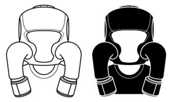 Athlete in protective boxing helmet covers face from being hit by fists with gloves. Protective equipment of taekwondo, karate fighter. Black and white vector