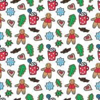 Seamless pattern of Christmas sweets on a white background - gingerbread, cookies, hot chocolate, cinnamon. Vector doodle illustration for packaging, web design