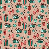 Seamless Christmas pattern - gifts, gingerbread cookies, candles, mittens, Christmas balls. Vector illustration doodle New Year holiday powder background