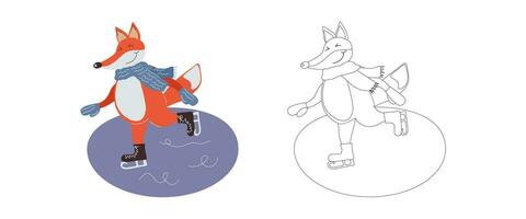 Coloring book funny cartoon fox character in a scarf and mittens skating on ice. Vector cartoon illustration for children's books, outline for coloring with an example in color.