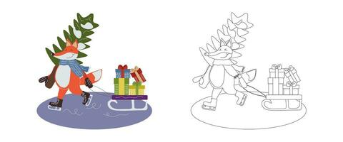 Coloring book funny cartoon fox on skates coming from the forest with a Christmas tree and a sleigh with gifts. Vector cartoon illustration for children's books, outline drawing for coloring