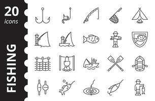 Set Fishing Linear Icons. Contains such symbols as Boat, Fish, Rod, Fishing net, Float and more. vector