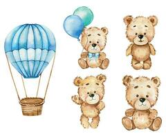 linda bebé oso con globos acuarela ilustración, pequeño oso con globos aislado en blanco antecedentes. mano dibujado encantador animal para guardería decoración niños ilustración. bebé ducha concepto vector