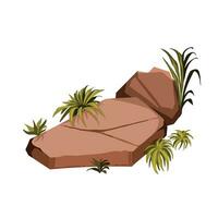 Reddish brown colored rock or stones with a few grass plant around it vector illustration isolated on square white background. Simple flat cartoon art styled drawing.