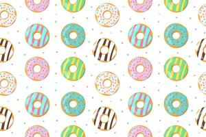 Cute seamless pattern of donuts on a white background. Hand drawn cartoon vector illustration. Background for bakery products, pastries, fabric, stationery, notepads, wrapping paper, cards.