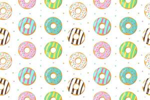 Cute seamless pattern of donuts on a white background. Hand drawn cartoon vector illustration. Background for bakery products, pastries, fabric, stationery, notepads, wrapping paper, cards.