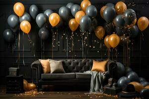 3d render of Black sofa with golden balloons photo