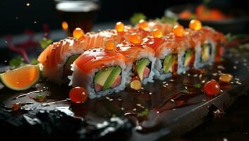 Delicious sushi with salmon on black background photo