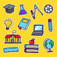 Set of school element vectors with a cute design on yellow background. Colorful school doodle