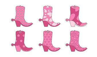 Set of pink trendy cowgirl boots with spurs and various ornaments. Flat contour vector illustration.