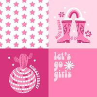 Groovy Girly square carts set with Cowgirl Boots, disco ball and Retro Lettering Text for rodeo party on a pink background. 60s flat Vector hand drawn Illustration