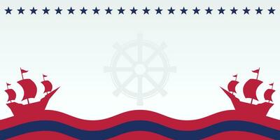 Columbus Day celebration background with ship silhouette icon and free copy space area. american flag color design, vector for banner, greeting card, poster, web, social media.