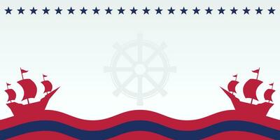 Columbus Day celebration background with ship silhouette icon and free copy space area. american flag color design, vector for banner, greeting card, poster, web, social media.