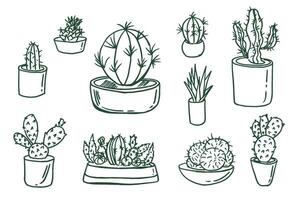 Cactus vector illustrations. Hand drawn outline cactus set. Cactus doodle plants nature elements in pots. For design, notebook, print, packaging