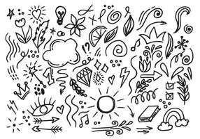 Hand drawn decorative abstract scribble doodle. pointing arrow, outline shapes . Ink signs decoration ornament, line curved arrow, heart and circle sketch isolated vector illustration symbols set