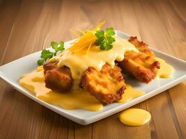 fried chicken with cheese, vegetables and sauce photo