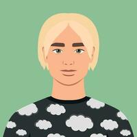 Young blonde-haired man in a sweater with clouds on it. Portrait of an abstract guy or student. Full face abstract male avatar in flat style. Vector art