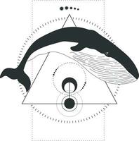 Abstract animal tattoo with a whale and geometric elements isolated on white background. Vector illustration