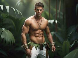 portrait of handsome young man in jungle photo